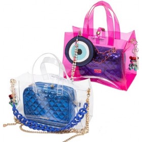 BAG - TOTE IN CLEAR & PINK, WATERPROOF PVC WITH METALLIC, QUILTED BLUE POUCH, CHAINS & KEYRING  "ALEX KATSAITI X STYLISHIOUS"